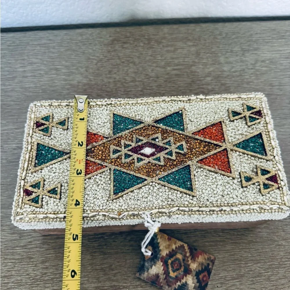 Southwest Western Aztec Tribal Beaded Teal Orange Gold Decor Storage Box